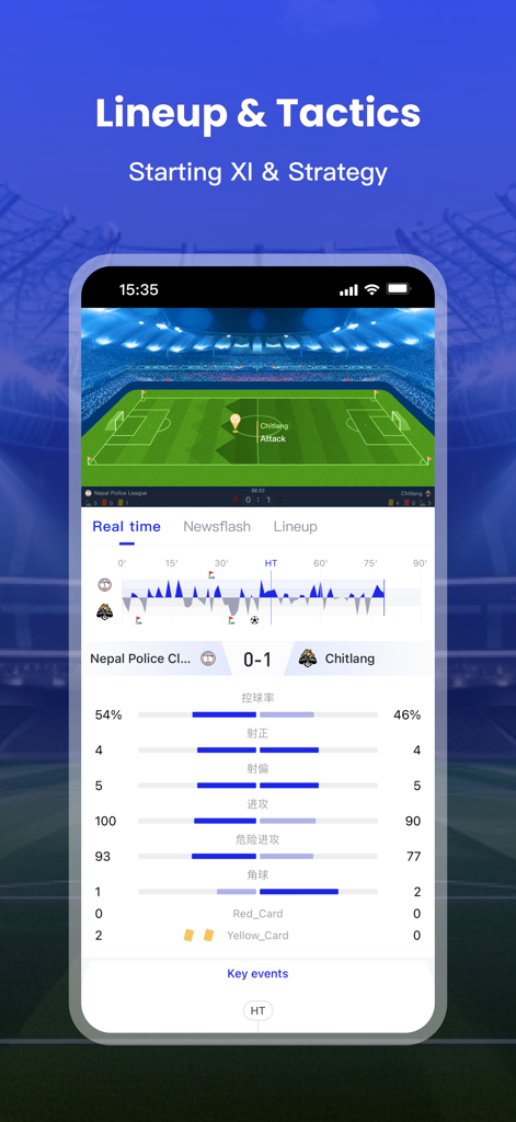 KBall - Live Sports Platform - KBall app interface showing real-time soccer match statistics and tactical lineups