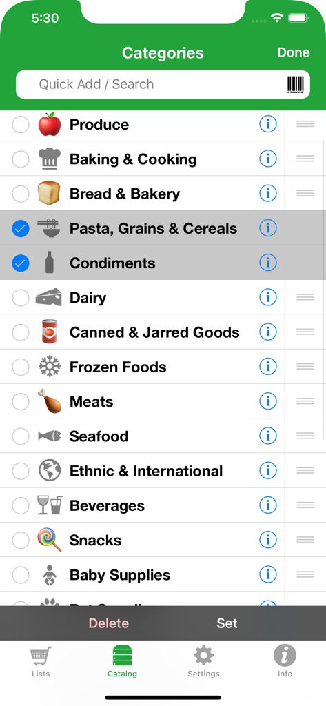 Shopping Pro (Grocery List) - Una lista de categorías de comestibles en el catálogo de la aplicación Shopping Pro.