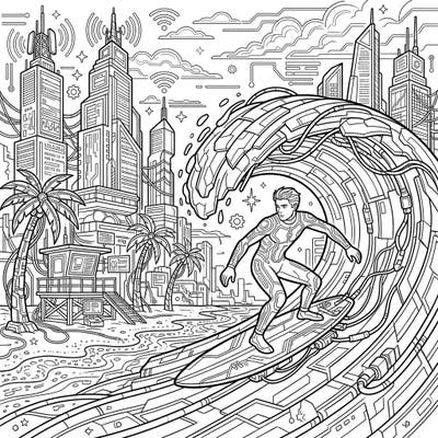 Experience the thrill of surfing reimagined in a high-tech cyberpunk world. This unique coloring page blends beach vibes with futuristic cityscapes, offering an exciting creative challenge.