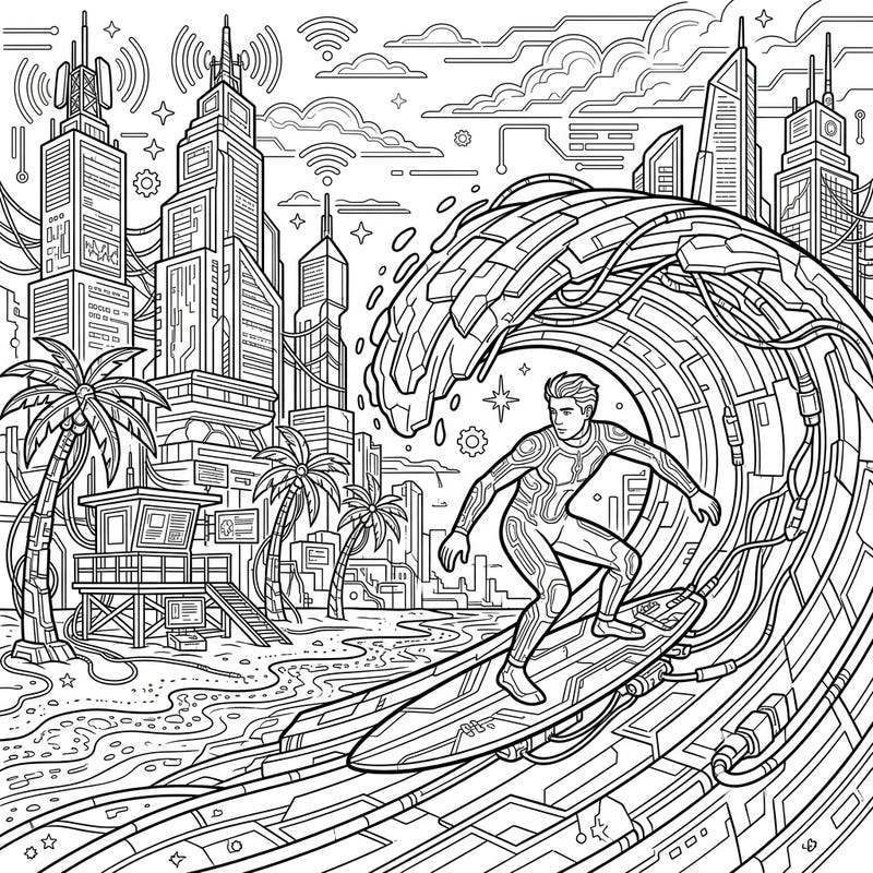 Experience the thrill of surfing reimagined in a high-tech cyberpunk world. This unique coloring page blends beach vibes with futuristic cityscapes, offering an exciting creative challenge.