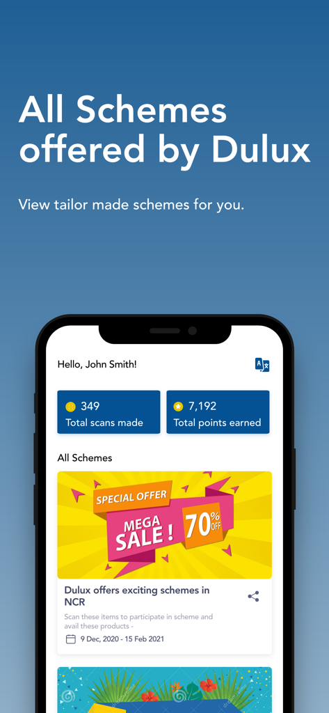 Dulux Connect - Dulux Connect app dashboard showing user rewards points and professional painter promotion schemes
