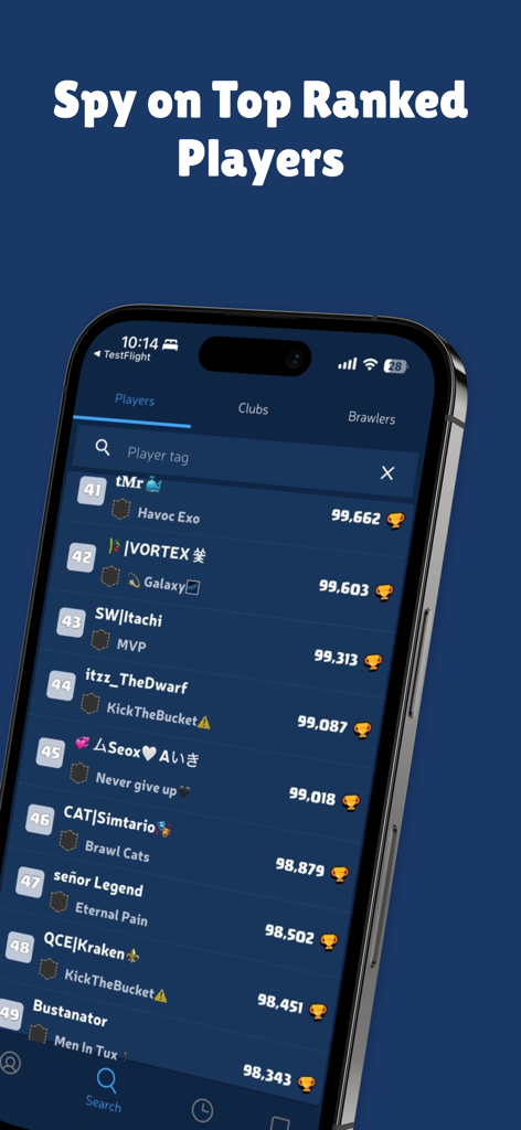 Brawl Stats app screen showing the leaderboard of top ranked players and their trophy counts