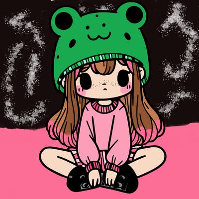 a girl wearing a frog hat and some frog socks