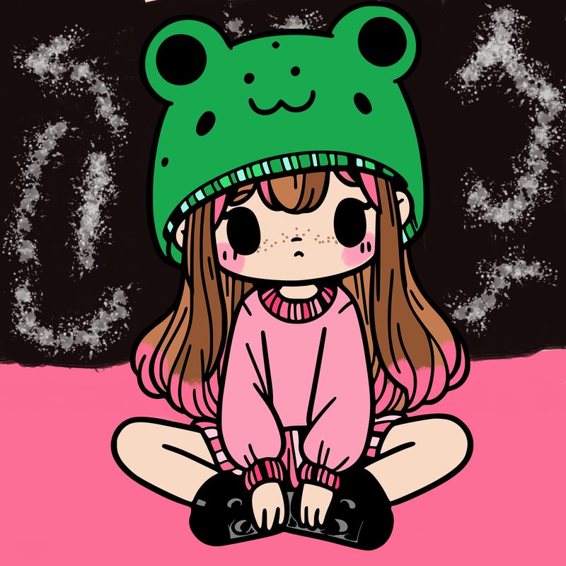 a girl wearing a frog hat and some frog socks