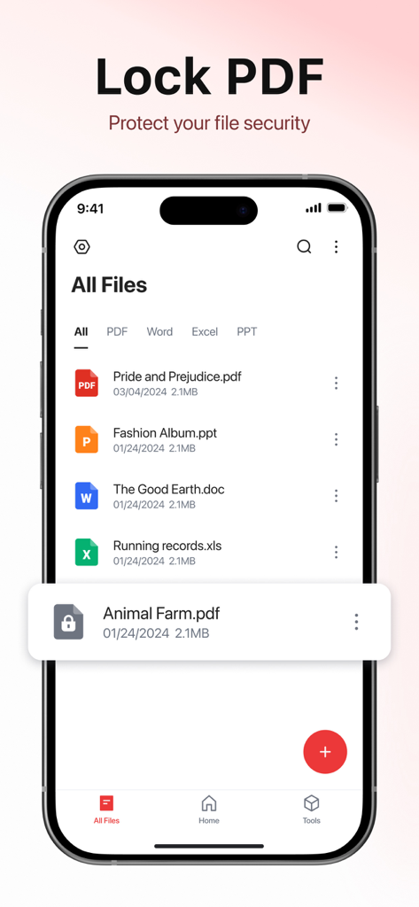 PDF Reader - Editor & Scanner - Une interface de smartphone montrant la fonction de verrouillage de PDF avec une liste de documents sécurisés et des options de gestion de fichiers.