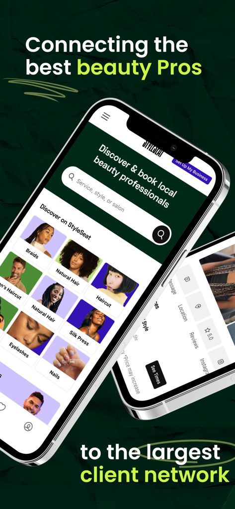 Interface do aplicativo StyleSeat mostrando categorias de serviços de beleza e busca por profissionais locais