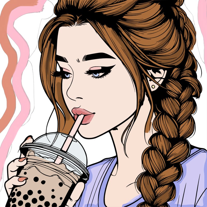 realistic girl drinking boba tea with braided hair