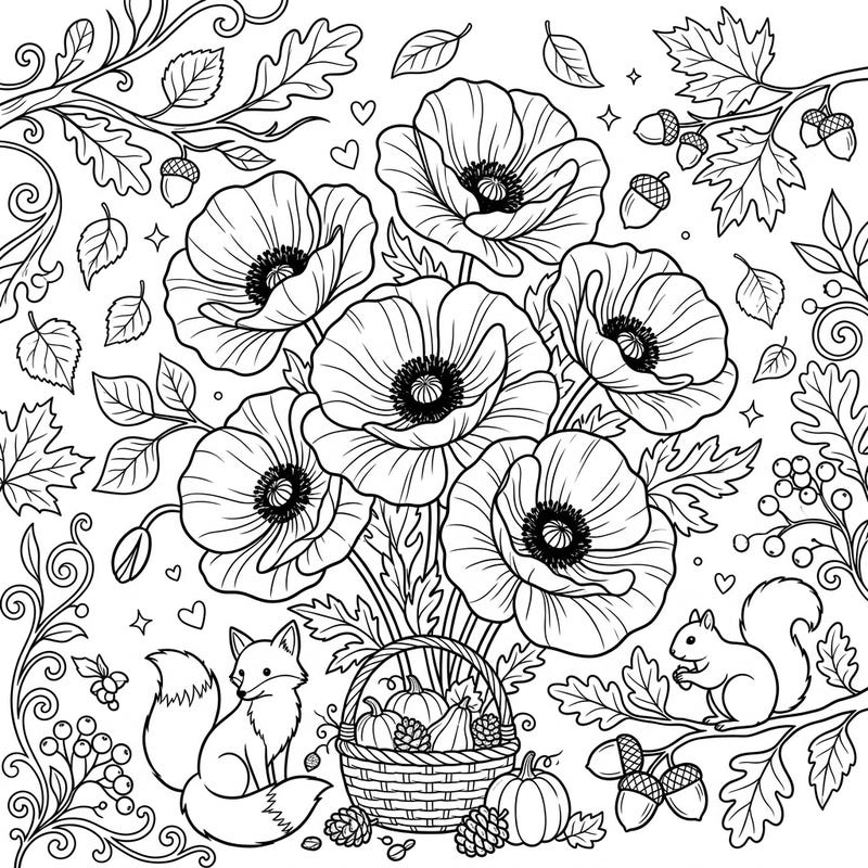 Capture the serene beauty of autumn with this enchanting coloring page featuring elegant white poppies nestled amidst a vibrant fall forest. Delight in charming woodland animals, bountiful harvest elements, and falling leaves, all ready for your creative touch.