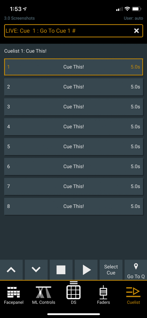 iRFR - LR - Lighting cue list screen on the iRFR-LR app