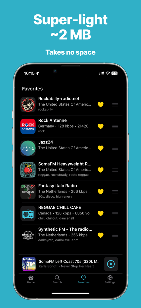 Tela de favoritos do aplicativo OpenTune Radio mostrando uma lista selecionada de estações de rádio internacionais em modo escuro.