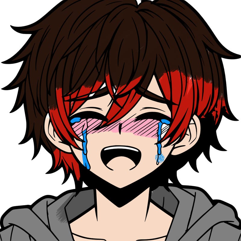 anime boy, pink and white hair covering eyes, smiling, crying