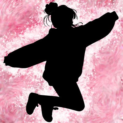 realistic girl jumping with a bun and oversized sweatshirt