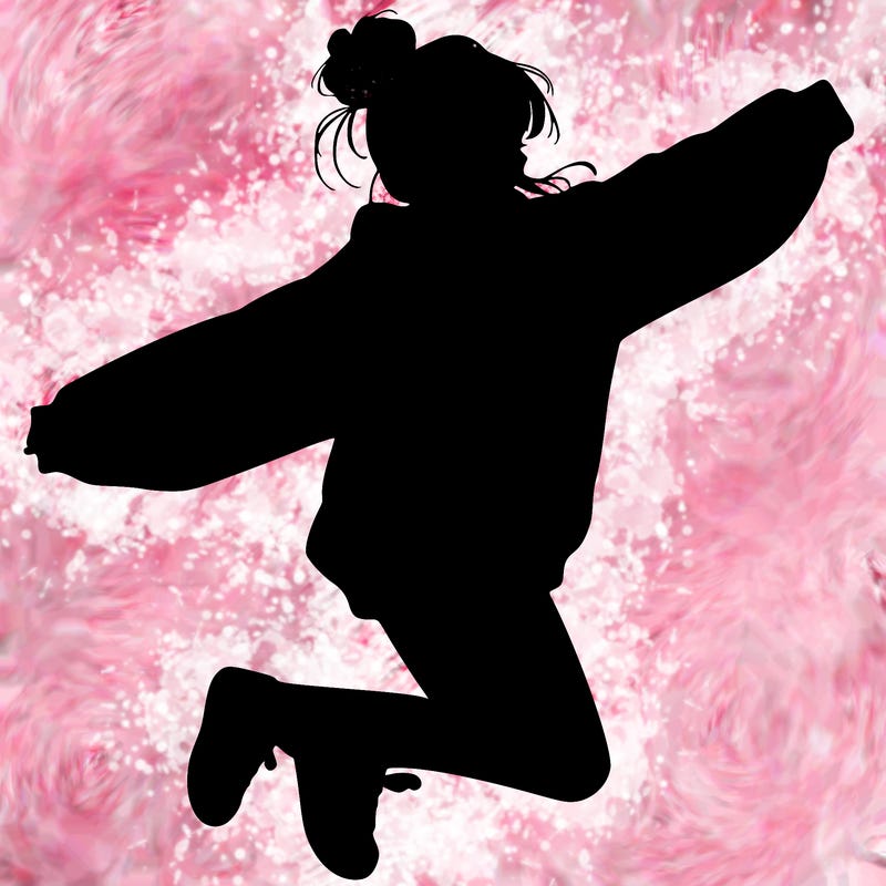 realistic girl jumping with a bun and oversized sweatshirt