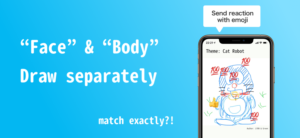 DrawTogether! - Enjoy Drawing - Mobile phone showing a collaborative drawing of a cat robot with emoji reactions in the DrawTogether app