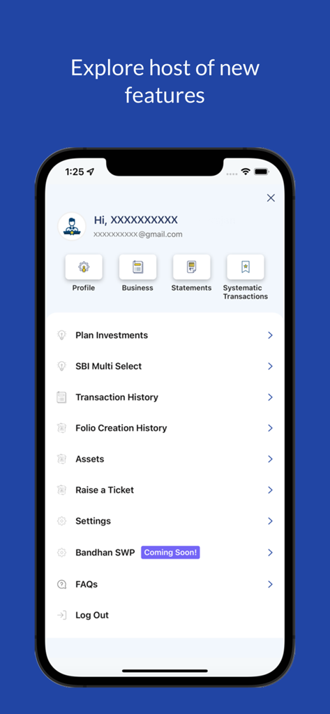 SBI MF Partner - SBI MF Partner mobile app interface showing various features like Business, Statements, and Transaction History