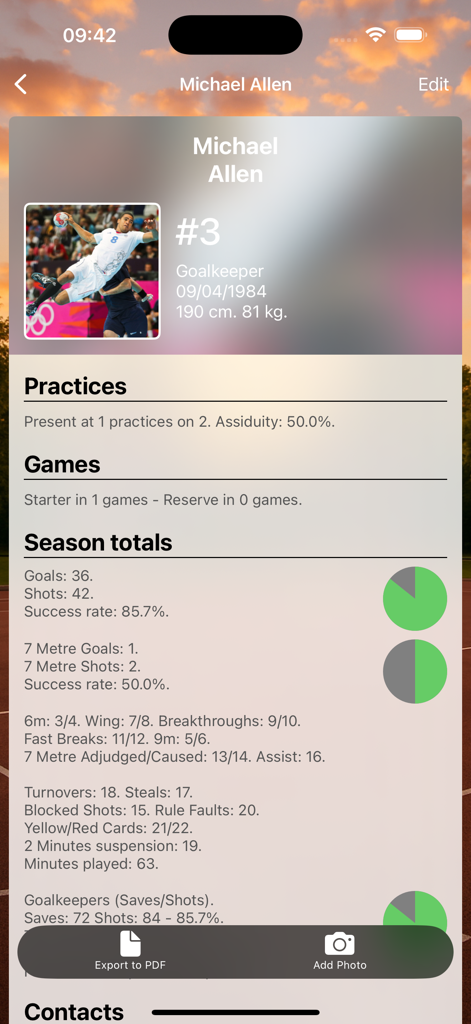 Assistant Coach Handball - Detailed player profile and season statistics screen in the Assistant Coach Handball app
