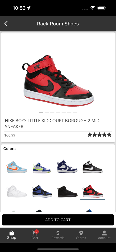 Página do produto para tênis Nike Boys Little Kid Court Borough 2 Mid Sneaker no aplicativo Rack Room Shoes mostrando várias opções de cores e preço