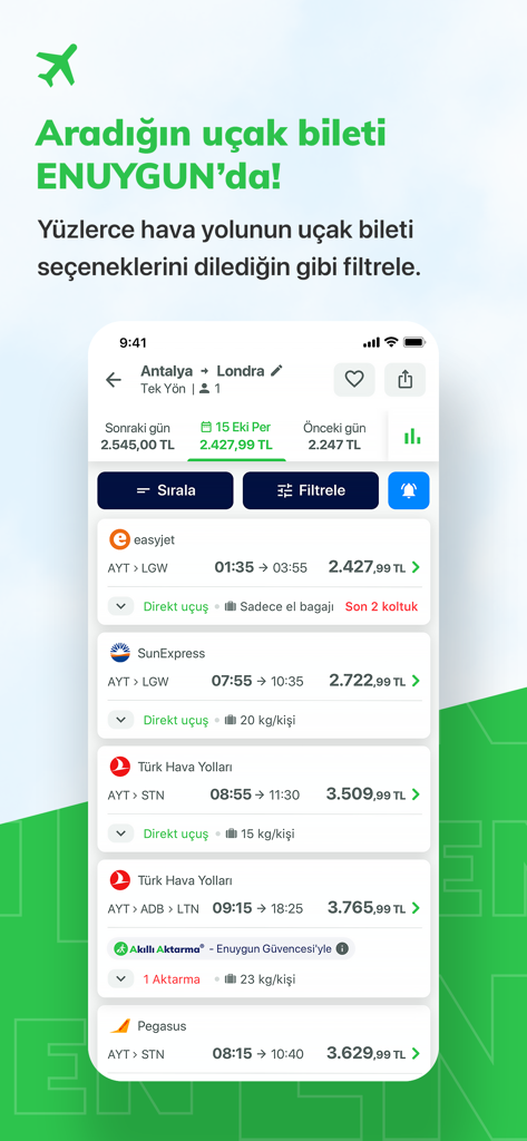 ENUYGUN: Uçak Otel Otobüs Araç - Mobile Benutzeroberfläche der ENUYGUN-App, die Flugsuchergebnisse mit verschiedenen Fluggesellschaften und Preisoptionen anzeigt
