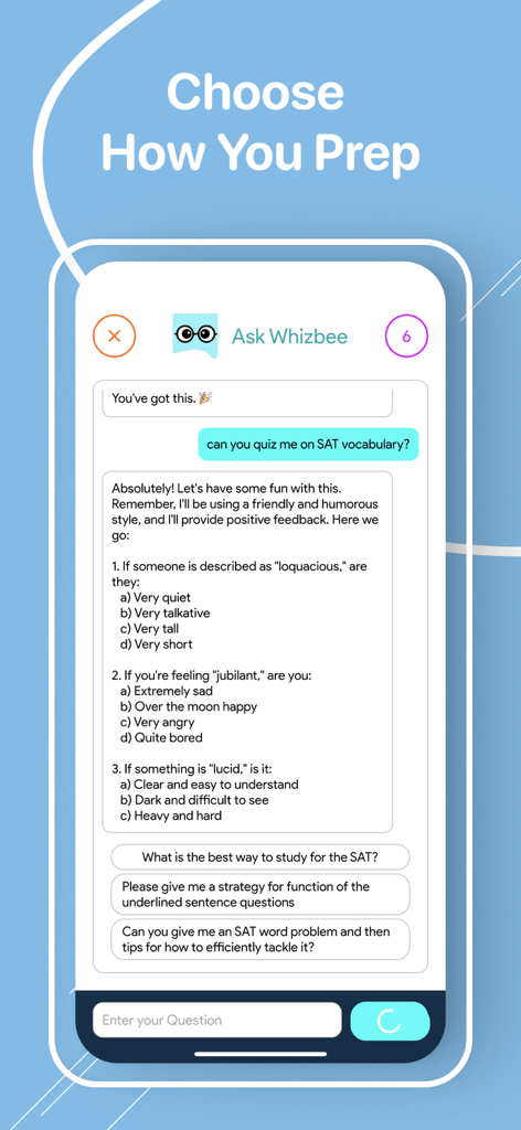 Preptly App-Oberfläche mit dem KI-Tutor WhizBee, der Fragen zur Vokabelübung für den SAT stellt.