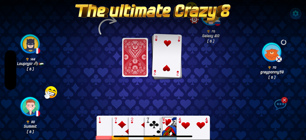 Crazy 8 Online - A multiplayer card game match in Crazy 8 Online showing player avatars and a hand of cards on a blue tabletop.