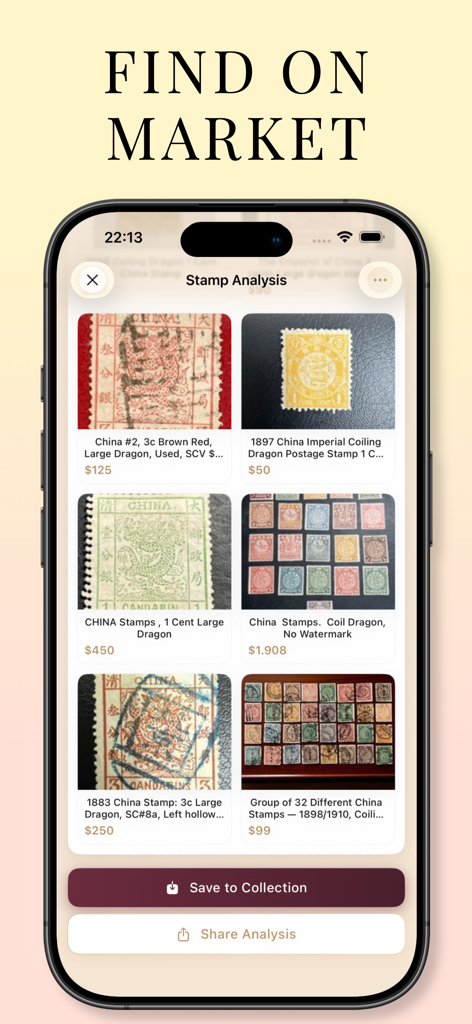 Stamp Identifier: Stampre - Application d'identification de timbre montrant les prix du marché et l'analyse des timbres de collection