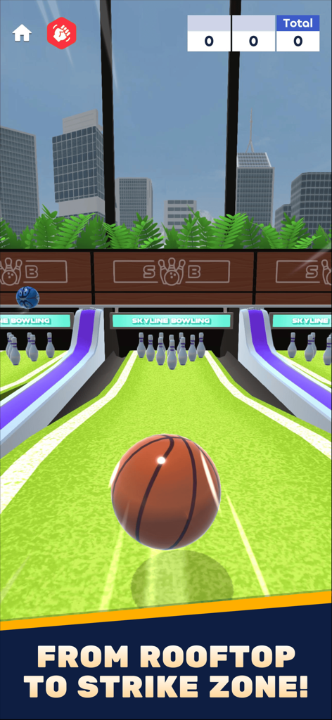 Skyline Bowling - A bowling ball on a green rooftop lane with city skyscrapers in the background of Skyline Bowling.