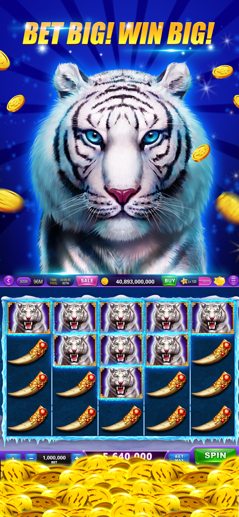 Slots-Heart of Diamonds Casino - Mobile casino game interface with a white tiger theme, featuring slot reels with tiger icons and a pile of gold coins