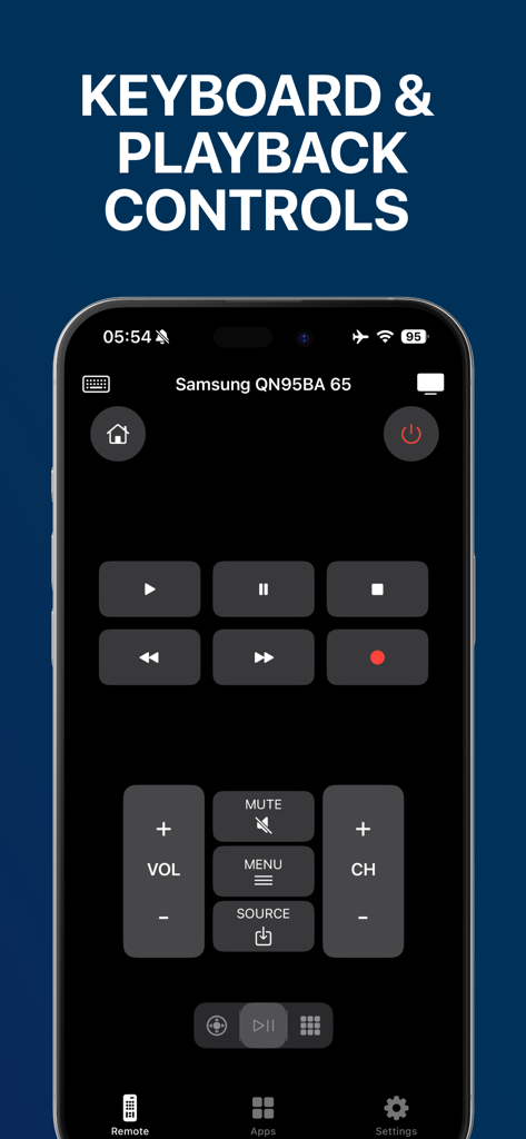 Interface of the Universal TV Remote Control app for iPhone showing playback and volume controls for a Samsung Smart TV