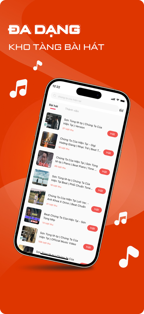 Yokara - Sing Karaoke Record - Yokara app screenshot showing a diverse music library with various versions of popular songs on a red background with musical notes