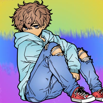 a male hoddie ripped jeans messy hair anime