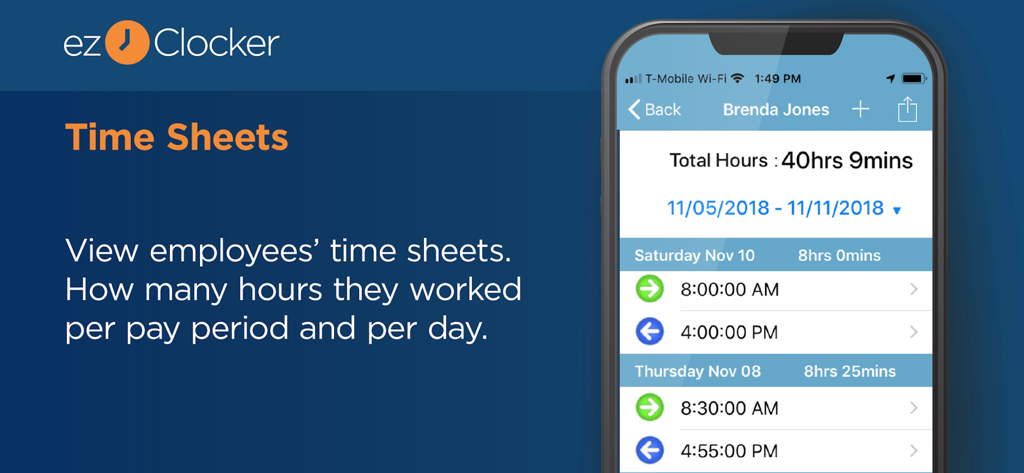 ezClocker: Employee Time Track - Screenshot of the ezClocker app showing an employee timesheet with work hours and clock-in times