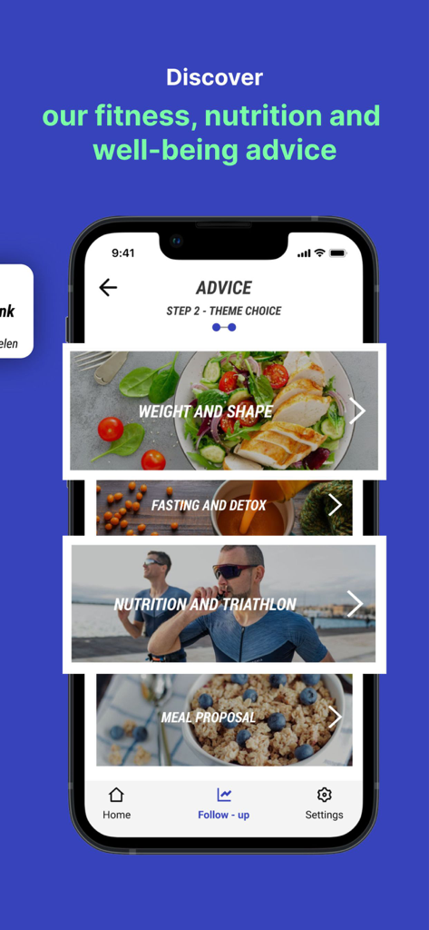 Smartphone affichant la section de conseils de l'application Decathlon Coach avec des catégories pour le fitness, la nutrition et le bien-être.