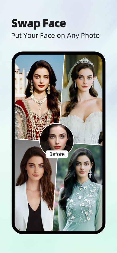 Linpo: Photo Dance & AI Filter - Linpo app face swap feature showing a woman in various styles including wedding and traditional attire