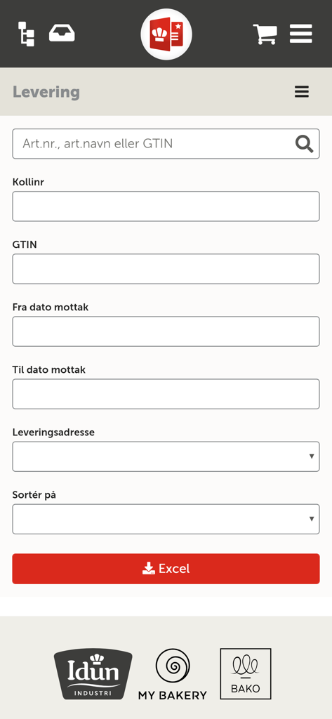 Kundeportal - A mobile screen for delivery tracking and search within the Kundeportal app showing fields for item number date range and delivery address