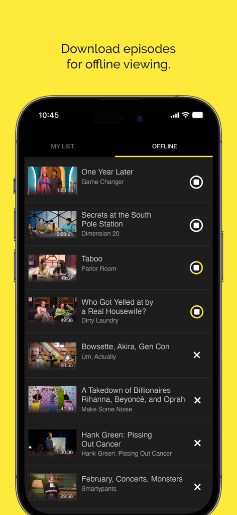 Dropout - A smartphone showing the Dropout app offline viewing screen with a list of downloaded episodes from shows like Dimension 20 and Game Changer.