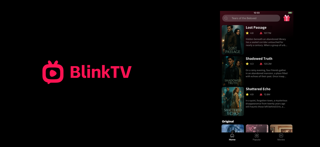 Blink TV - Blink TV mobile app interface showing a selection of trending short drama series with ratings and views
