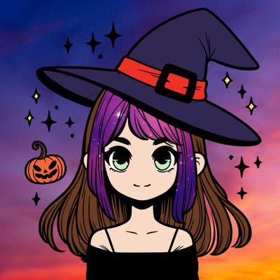 realistic girl with straight hair and witch hat