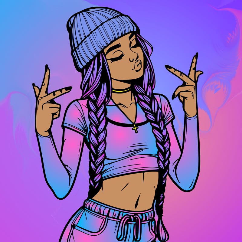 realistic teenage girl with braids and a beanie and crop top doing 🫶🏼