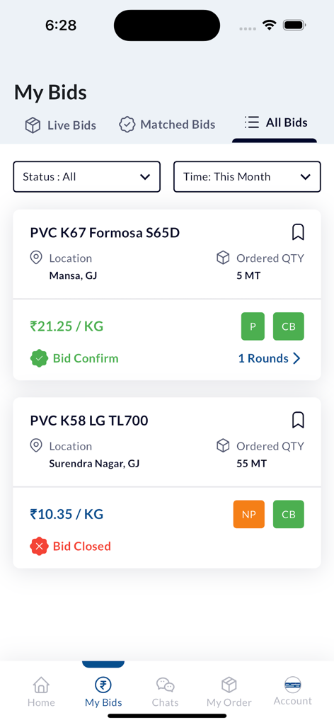 La pantalla Mis Ofertas de la aplicación BSB Polymer Trading mostrando una lista de ofertas para materiales de PVC
