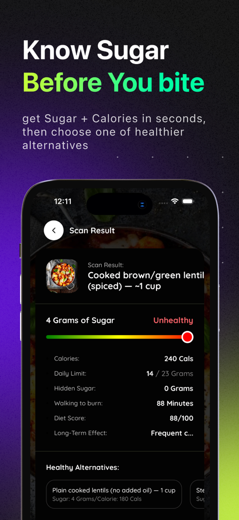 SweetCut: Stop Sugar & Debloat - SweetCut app interface displaying AI food scan results with sugar content and healthy meal alternatives
