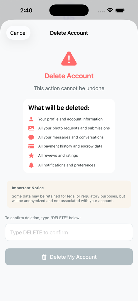 Écran de suppression de compte de l'application PSme montrant un résumé des données à supprimer et un champ de confirmation.