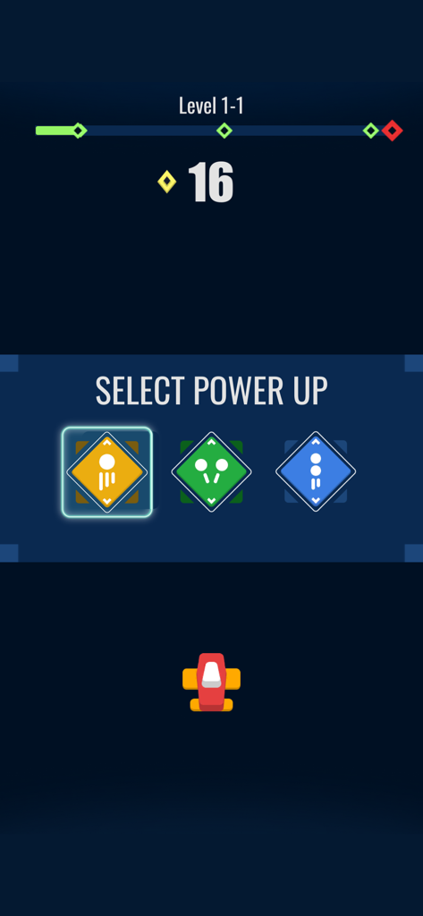 Fire Hero 2D: Space Shooter - Pantalla de jugabilidad de Fire Hero 2D mostrando una elección entre tres mejoras de potenciadores en un shooter espacial minimalista