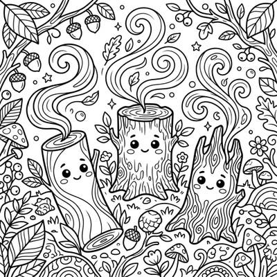 Step into a magical forest with this adorable coloring page, perfect for young nature lovers! Your child will love bringing these happy tree stumps and their woodland home to life with vibrant colors.