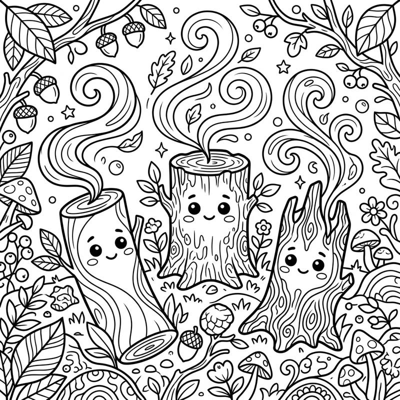 Step into a magical forest with this adorable coloring page, perfect for young nature lovers! Your child will love bringing these happy tree stumps and their woodland home to life with vibrant colors.