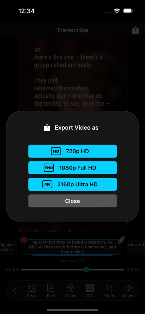 720p, 1080p 및 4K Ultra HD를 포함한 동영상 내보내기 해상도 옵션을 보여주는 모바일 앱 인터페이스.