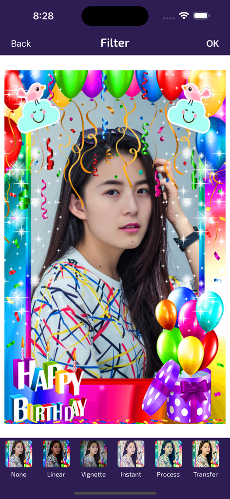 Birthday Photo Frames - Editor - Interfaz del editor de fotos de cumpleaños que muestra a una mujer en un marco festivo con varias opciones de filtro de imagen.
