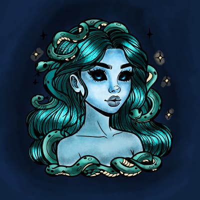 realistic girl with snakes as hair