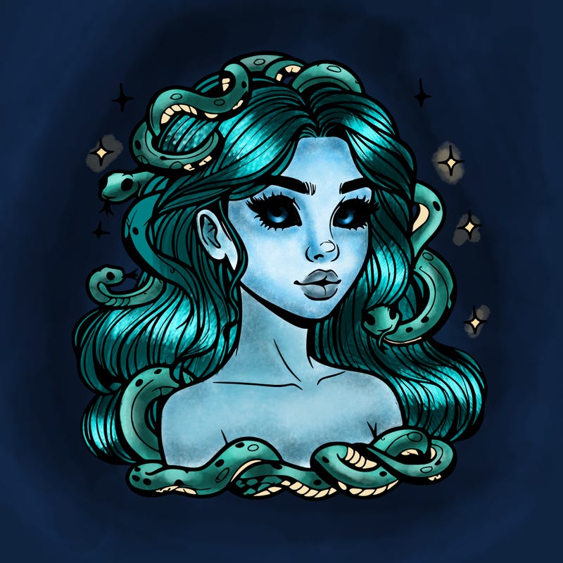 realistic girl with snakes as hair