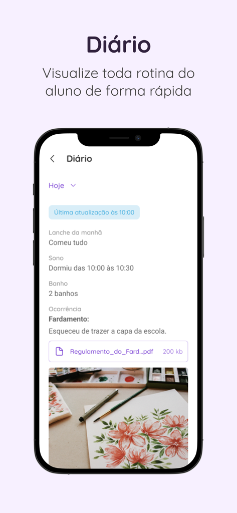 Smartphone screen showing the Agenda Edu student diary with daily routine updates and school photos.