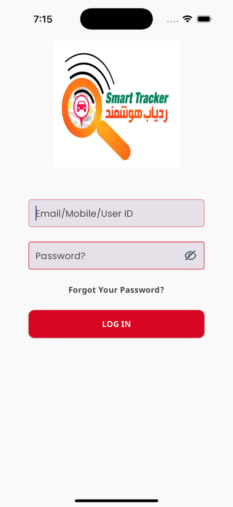 هوشمند ردیاب - Login page for the Smart Tracker vehicle tracking app featuring Persian and English branding with username and password input fields